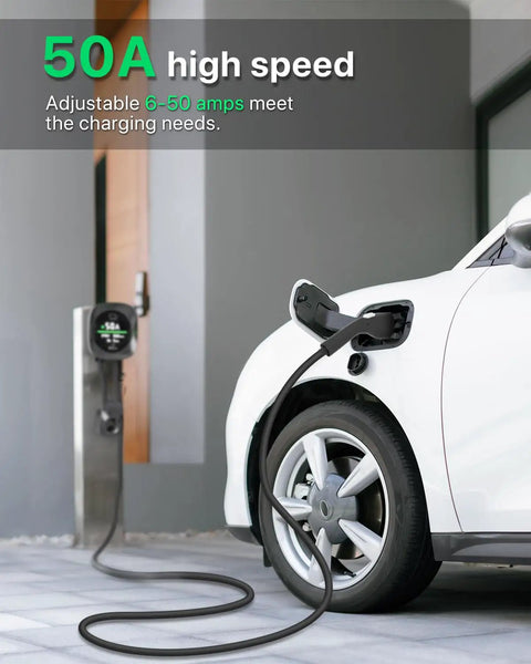 Top Notch Level 2 Electric Vehicle Charger 50 Amps With Smart Display And Adjustable Amperage For Lightning Fast Home Charging Compatible With Nema 14-50 Plugs For Any Sweet Ride On The Daily Commute Today charging a white electric vehicle in a modern garage.