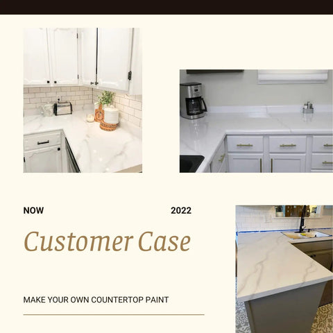 Three Step DIY Friendly Countertop Makeover Kit With White Marble Finish Epoxy Resin Topcoat applied on kitchen counters.