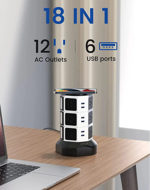 Tower Power Strip With Wireless Charging And Surge Protector, 13A 10 Outlets And 4 USB Ports, 6.5ft Extension Cord