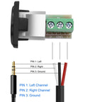 Side view of D Type Three Point Five Millimeter Three Pole Stereo Audio Terminal Block Connector Solderless Screw Terminal Panel Mount Adapter For One Eighth Inch TRS Female To Three Pin Balum Converter Pack Of Two showing pin connections and labeled wire configuration.
