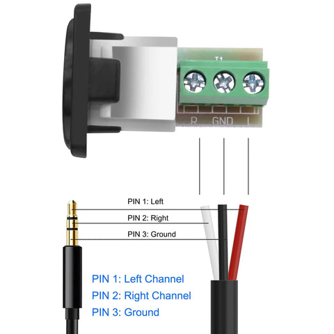 Side view of D Type Three Point Five Millimeter Three Pole Stereo Audio Terminal Block Connector Solderless Screw Terminal Panel Mount Adapter For One Eighth Inch TRS Female To Three Pin Balum Converter Pack Of Two showing pin connections and labeled wire configuration.