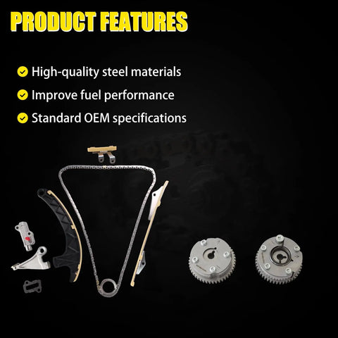 Heavy Duty Timing Chain Kit With VVT Gear Sprockets For Honda 1.5L Turbo DOHC 16V Civic 2016 2020 And Honda CR V 2017 2020 Direct Fit OE Style Replacement Parts Premium Quality displayed with components on black background highlighting features