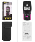 Stud Finder Wall Scanner with LCD Display for Wood, Metal, and AC Wire in black casing with instruction manual and pouch.