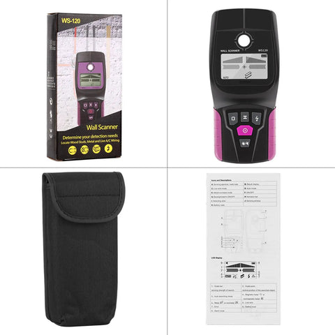 Stud Finder Wall Scanner with LCD Display for Wood, Metal, and AC Wire in black casing with instruction manual and pouch.