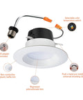 4 Inch LED Recessed Retrofit Trim Can Light Kit For Indoor Outdoor Use, 3 CCTs 3000K 4000K 5000K, Easy Install, Fits Most Housings, 6 Pack, Switchable Warm To Cool Vibe Lighting showing LED adapter and lens.