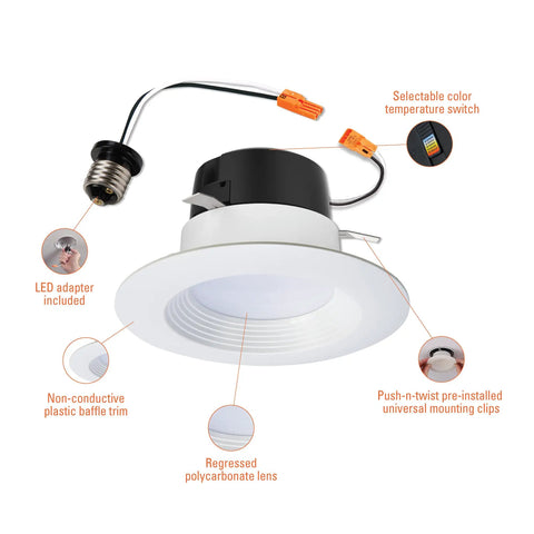 4 Inch LED Recessed Retrofit Trim Can Light Kit For Indoor Outdoor Use, 3 CCTs 3000K 4000K 5000K, Easy Install, Fits Most Housings, 6 Pack, Switchable Warm To Cool Vibe Lighting showing LED adapter and lens.