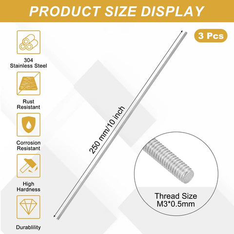 Rock Solid M3 Fully Threaded Rod Kit 3 Pieces 304 Stainless Steel 250mm size display with thread size M3*0.5mm.