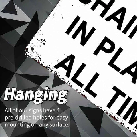 Heavy Duty Aluminum Dock Safety Chain Sign 12X8 Inch Rustproof Metal Warning Plate showing pre-drilled holes for easy hanging.