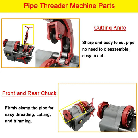 Parts of Heavy Duty Electric Pipe Threader Machine With 750W Motor, including cutting knife and front chuck for precise jobs.
