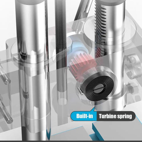 Close-up of spring-loaded arbor press with turbine spring, part of Spring Loaded Arbor Press For Precision Manual Punching And Forming On A Compact Benchtop Shaft Press With 3 kN Capacity For Metal And Non Metal Work, Ideal For Punching, Bending, Stretching, And Craft Delicate Holes And Small Parts.