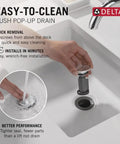 Geist Chrome One Hole Bathroom Faucet for Vanity with easy install push pop drain being demonstrated for cleaning in a sink.