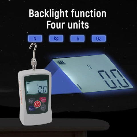 Portable Push Pull Force Gauge For Quick Tension Testing Battery Powered Mini Dynamometer With Built In Sensor 50 To 500N Compact Digital Load Tester for material QC, front view with hook and backlight units