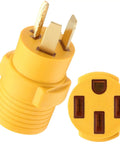 Slick Nema 10-30p to 14-50r Adapter for Level 2 Electric Vehicle Charging yellow plug with prongs and socket.