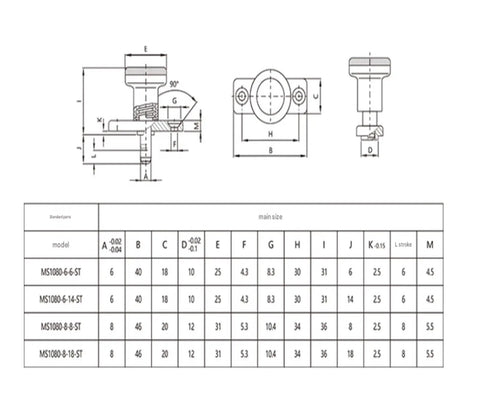 Heavy Duty Flanged Indexing Plungers Featuring Spring Loaded Knobs For Zero Hassle Positioning With Smooth 6mm And 8mm Pins detailed drawing and size specifications.