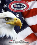 Bald eagle with American flag, FMAA Certified logo, represents American Flag 3x5 Foot Made In USA Nylon With Embroidered Stars And Sewn Stripes