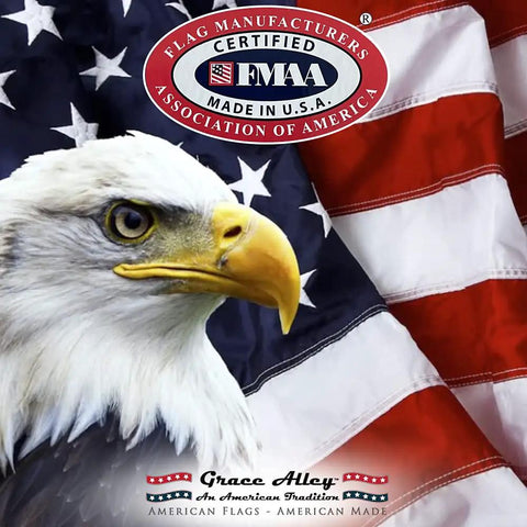 Bald eagle with American flag, FMAA Certified logo, represents American Flag 3x5 Foot Made In USA Nylon With Embroidered Stars And Sewn Stripes