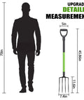 Heavy Duty Garden Fork 45 Inch Pitch Fork With Steel Tines And Comfortable Y Grip next to height comparison silhouette and measurements