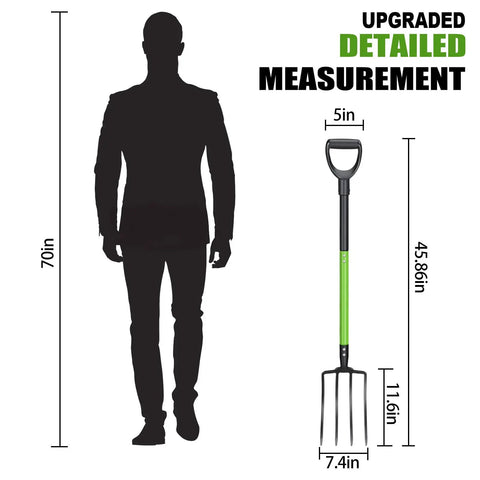 Heavy Duty Garden Fork 45 Inch Pitch Fork With Steel Tines And Comfortable Y Grip next to height comparison silhouette and measurements