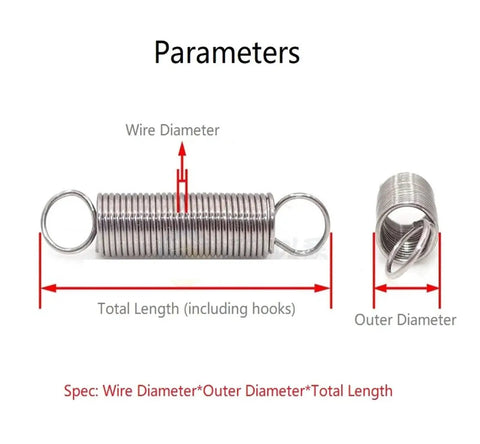 Top Pick 10 Pcs Solid Stainless Steel Tension Springs For Tough DIY Projects With Strong Extension Pull Performance And Rust Proof Durability dimensions with wire and outer diameter measured.