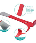 3 In 1 Stainless Steel Bee Hive Tool With J Hook And Box Scraper Knife, red with close-ups of its hook and scraper knife.