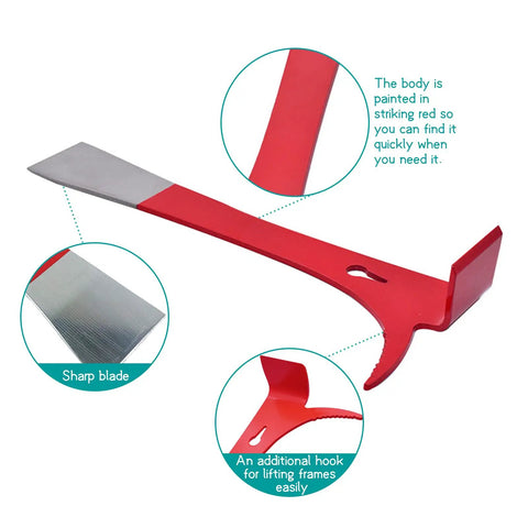 3 In 1 Stainless Steel Bee Hive Tool With J Hook And Box Scraper Knife, red with close-ups of its hook and scraper knife.