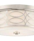 13 Inch Modern Lattice Drum Flush Mount Ceiling Light With Two Lights In Brushed Nickel Finish, White Linen Shade And Glass Diffuser