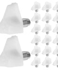 Closeup of white plastic and stainless steel shelf pins from 200-Piece Shelf Pins Kit With Enhanced Safety Grip for cabinets and shelves.