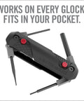 Top Shelf 4 In 1 Glock Armorer Multi Tool For Pistol Care With Magnetic Sight Driver And Pin Punch shown open, compact size with multiple tools.