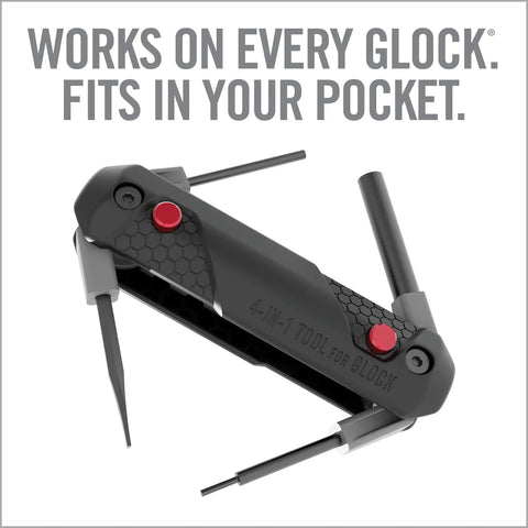 Top Shelf 4 In 1 Glock Armorer Multi Tool For Pistol Care With Magnetic Sight Driver And Pin Punch shown open, compact size with multiple tools.