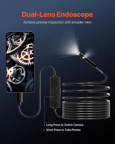 Dual Lens Endoscope Camera With Light For Android And iOS 1920P HD Borescope With 8 And 1 LED Lights 2x Zoom 16.4ft snake cable on phone