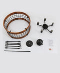 Farmhouse Chandelier For Dining Room And Kitchen Island, disassembled view of 5 Light Rustic Round Wood And Metal Lighting Fixture parts