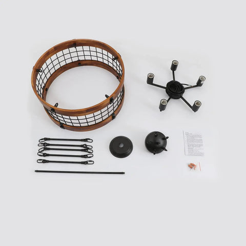 Farmhouse Chandelier For Dining Room And Kitchen Island, disassembled view of 5 Light Rustic Round Wood And Metal Lighting Fixture parts
