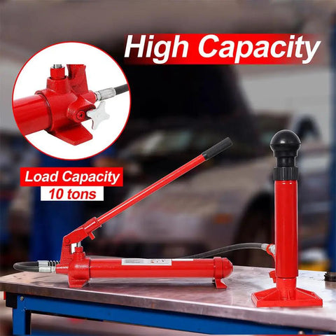 Aynuma One Ton Hydraulic Porta Power Kit, Heavy Duty Ram Jack With Pump for Auto Body Repair, showing 10-ton capacity hydraulic jack system.