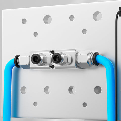Aluminum Air Manifold 2 Way 4 Port Block Splitter With 1/4 NPT Output and 1/2 NPT Supply, Push To Connect Fittings, installed on board