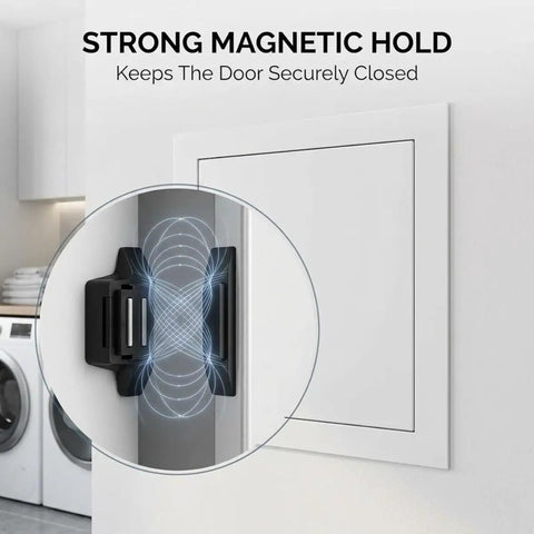Built Tough Metal Access Panel With Zero Sag Magnetic Lock Covers Drywall Cutouts And Ceiling Openings Stays Put During HVAC Plumbing Fixes Snug Flush Look Gray 8X8 Inch Quick Clip showing strong magnetic hold mechanism.