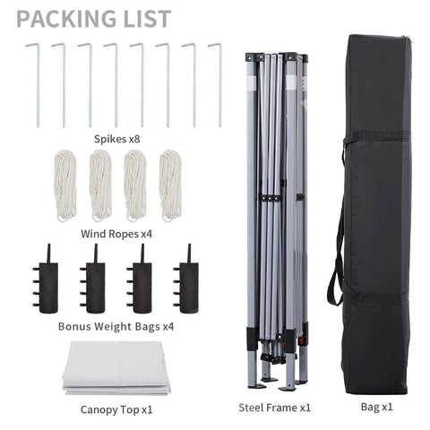 Packing list of One Person Setup Ready 10x10 Pop Up Canopy Tent With Sandbags, includes steel frame, canopy top, and accessories.