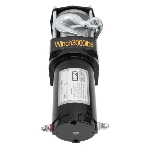 Rock Solid 3000 Pound Electric Winch For Trailers And Trucks With Steel Rope And Rustproof Planetary Gear To Haul Heavy Loads Off Road front view with black motor and steel cable.