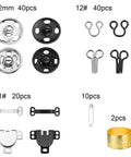 112 Pairs Sewing Hooks And Eyes Closure Kit with snaps, latches, safety pins, and thimbles displayed in different styles