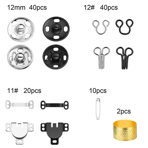 112 Pairs Sewing Hooks And Eyes Closure Kit with snaps, latches, safety pins, and thimbles displayed in different styles