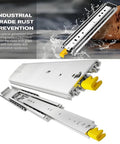 Industrial grade Beefy 76 Inch Drawer Slides with 500 lb load capacity and yellow handles showing rust prevention feature