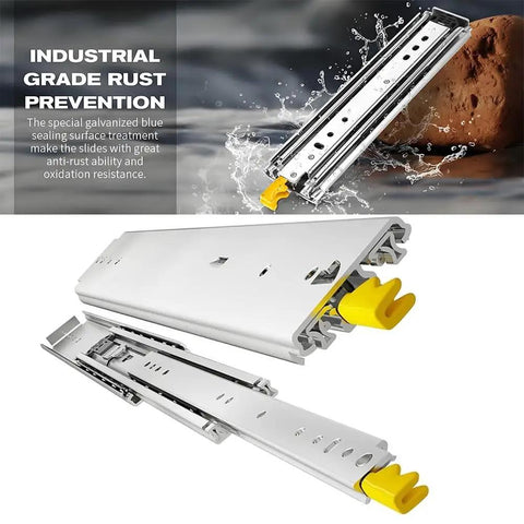 Industrial grade Beefy 76 Inch Drawer Slides with 500 lb load capacity and yellow handles showing rust prevention feature