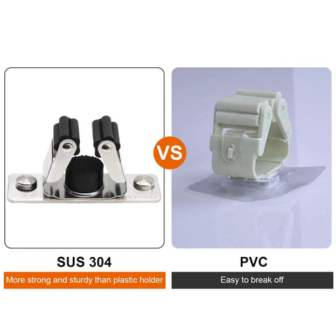 Comparison of heavy duty stainless steel mop and broom holder wall mount versus PVC version, showing durability differences.
