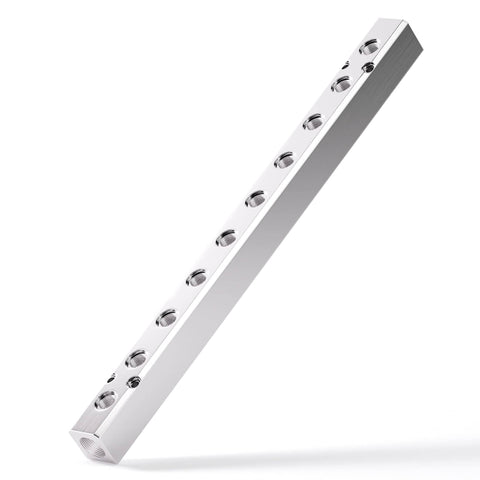Industrial Grade 10 Way 12 Port Aluminum Pneumatic Shunt Block For Air Distribution Manifold System, angled side view