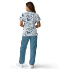 Back view of Women's Gray Blue Veterinary Scrub Set With Animal Print, showing top and pants for nurses and pet care professionals.