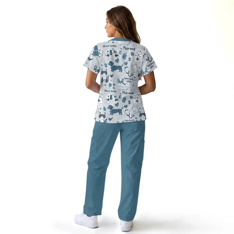 Back view of Women's Gray Blue Veterinary Scrub Set With Animal Print, showing top and pants for nurses and pet care professionals.