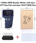 Handheld 125KHz RFID Copier Duplicator For T5577 And EM4305 Cards, RFID reader with 6 keyfobs and cards, dimensions displayed