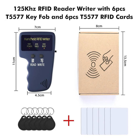 Handheld 125KHz RFID Copier Duplicator For T5577 And EM4305 Cards, RFID reader with 6 keyfobs and cards, dimensions displayed