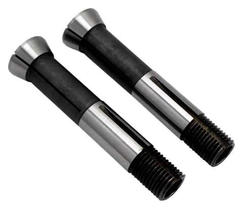 Two components from Four Piece Universal Grinder Collet Set For Your Grinder Gear With One Half Inch, One Three Eighths Inch, One Quarter Inch, And One Eighth Inch For Your Multi Function U2 Sharpener Chuck With Spring Clip placed on a white background