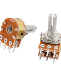 Five Pack 50K Ohm Potentiometers With Split Shaft 6 Pins Linear Rotary Dual Taper Knurled Shaft Top Adjustment 6mm Shaft Diameter 17mm Base Diameter Great For DIY Audio Pedals And Electronics Projects shown