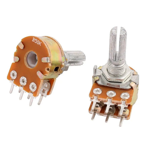 Five Pack 50K Ohm Potentiometers With Split Shaft 6 Pins Linear Rotary Dual Taper Knurled Shaft Top Adjustment 6mm Shaft Diameter 17mm Base Diameter Great For DIY Audio Pedals And Electronics Projects shown